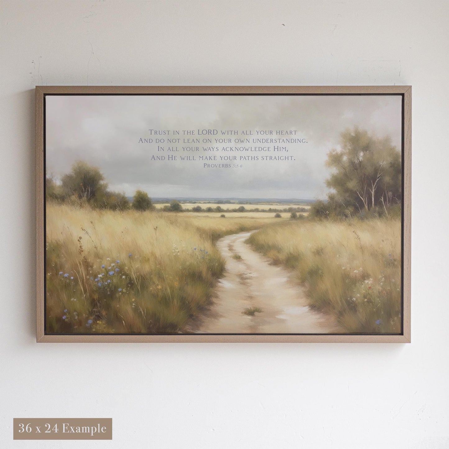 Proverbs 3:5-6 scripture art framed in soft Taupe Beige oak for a minimalist, calming art print. Blends perfectly with cozy decor, vintage wall art, and Christian decor styles. A meaningful spiritual gift or baptism gift that brings peace and reflection to any room.