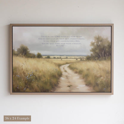 Proverbs 3:5-6 scripture art framed in soft Taupe Beige oak for a minimalist, calming art print. Blends perfectly with cozy decor, vintage wall art, and Christian decor styles. A meaningful spiritual gift or baptism gift that brings peace and reflection to any room.