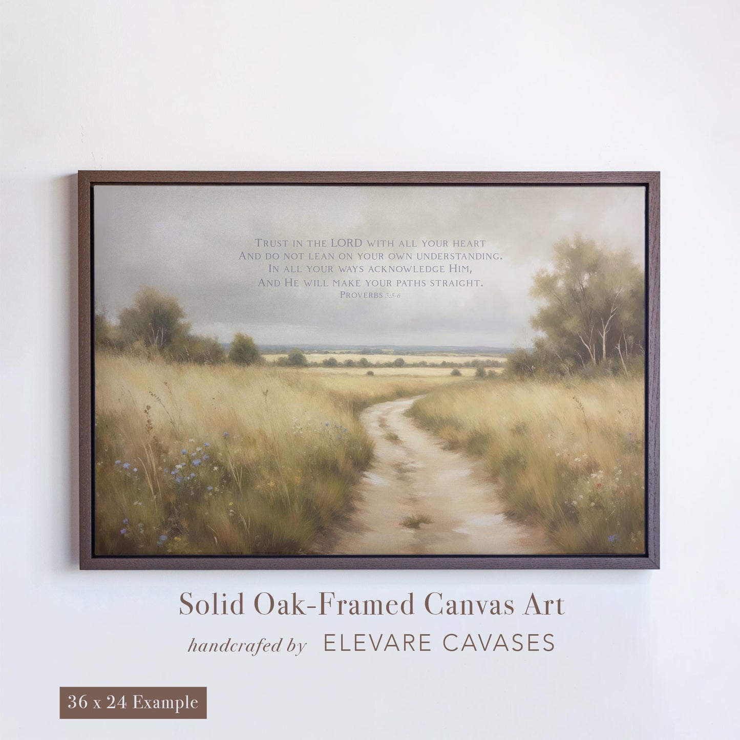 Beautiful Christian wall art featuring Proverbs 3:5-6 in a peaceful landscape with soft tones. Showcased in a handcrafted Truffle Brown solid oak floater frame. Ideal for Christian decor, spiritual art, and meaningful baptism gift ideas. A calming scripture art piece with vintage and modern Christian art appeal.