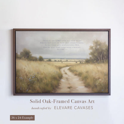 Beautiful Christian wall art featuring Proverbs 3:5-6 in a peaceful landscape with soft tones. Showcased in a handcrafted Truffle Brown solid oak floater frame. Ideal for Christian decor, spiritual art, and meaningful baptism gift ideas. A calming scripture art piece with vintage and modern Christian art appeal.