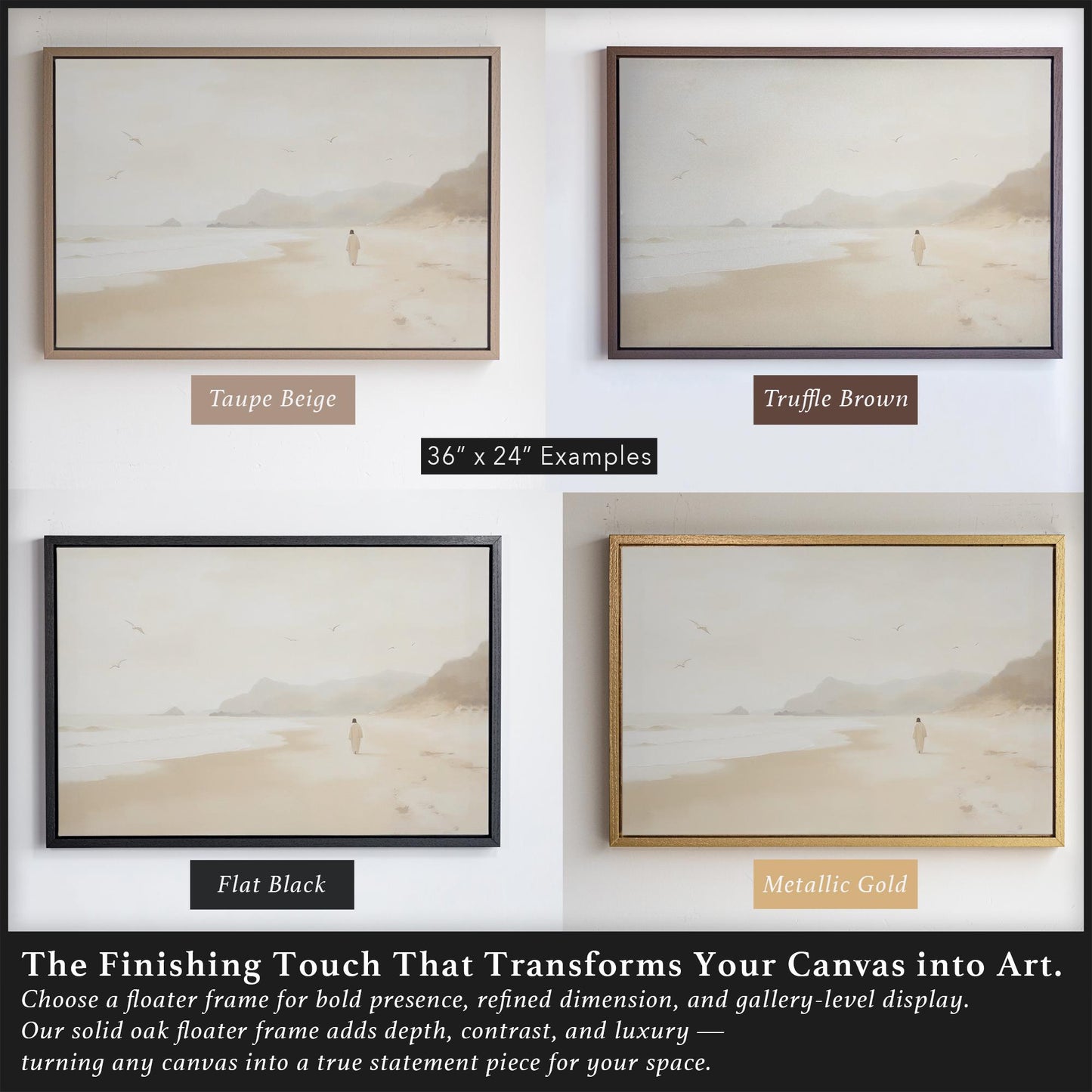 Gallery-style wall art print of Jesus walking on a muted coastal beach, framed in solid oak. Ideal for Christian home decor, godmother gifts, or first communion gift ideas with a calming and spiritual atmosphere.