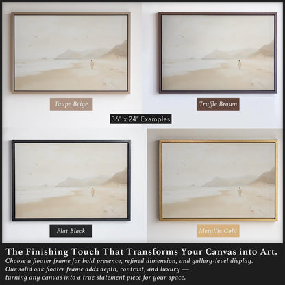 Gallery-style wall art print of Jesus walking on a muted coastal beach, framed in solid oak. Ideal for Christian home decor, godmother gifts, or first communion gift ideas with a calming and spiritual atmosphere.