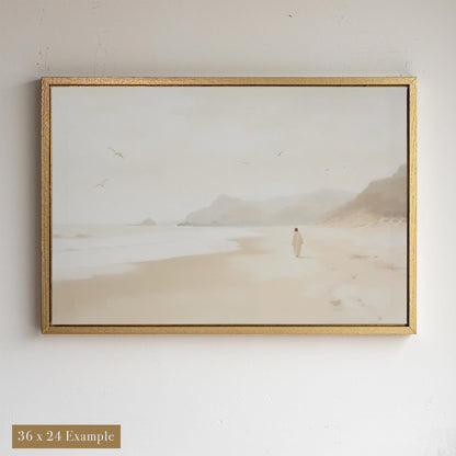 Peaceful and minimalist coastal painting of Jesus walking along the water’s edge. Paired with a metallic gold floater frame, this classic Christian decor piece is suitable for spiritual gifts or fruit of the spirit themes.