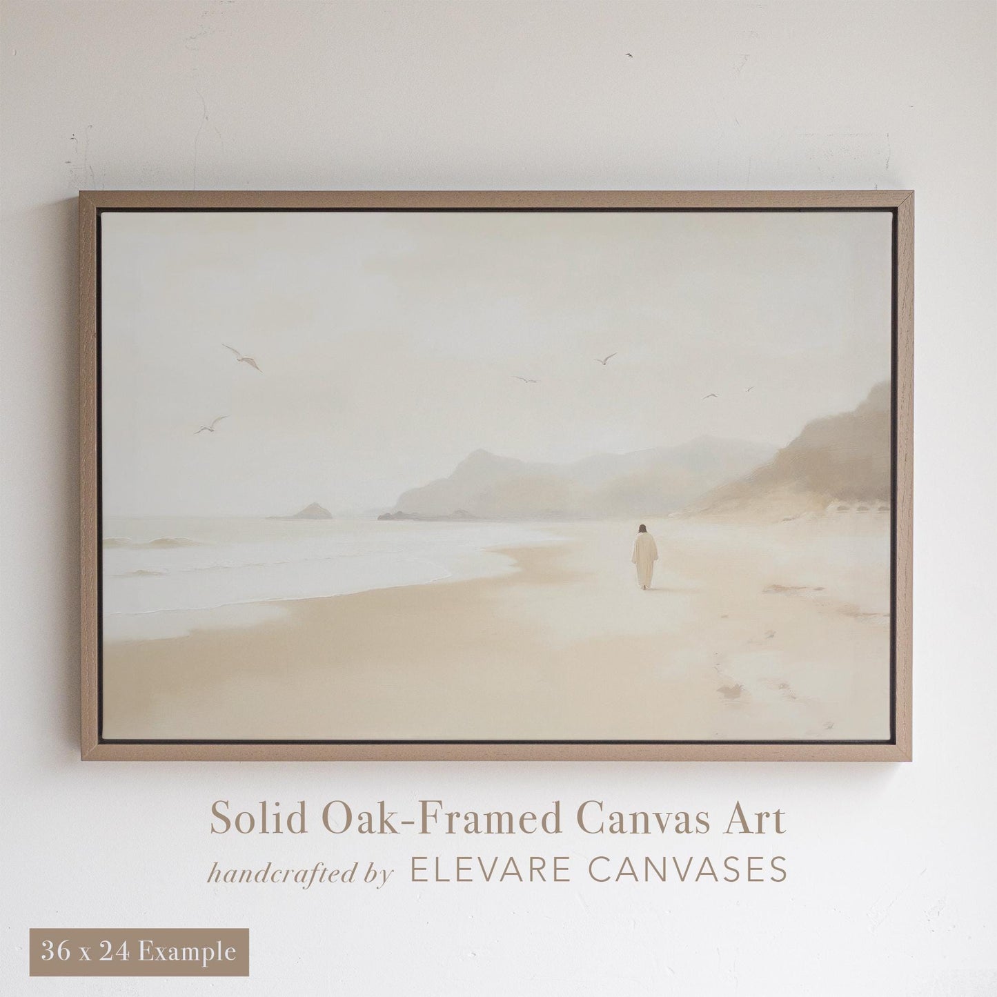 Minimalist Christian wall art featuring Jesus walking alone on a soft-toned beach with distant mountains and seagulls in the sky. This serene scripture-inspired painting offers spiritual reflection and is perfect for baptism gifts or peaceful faith-based decor.