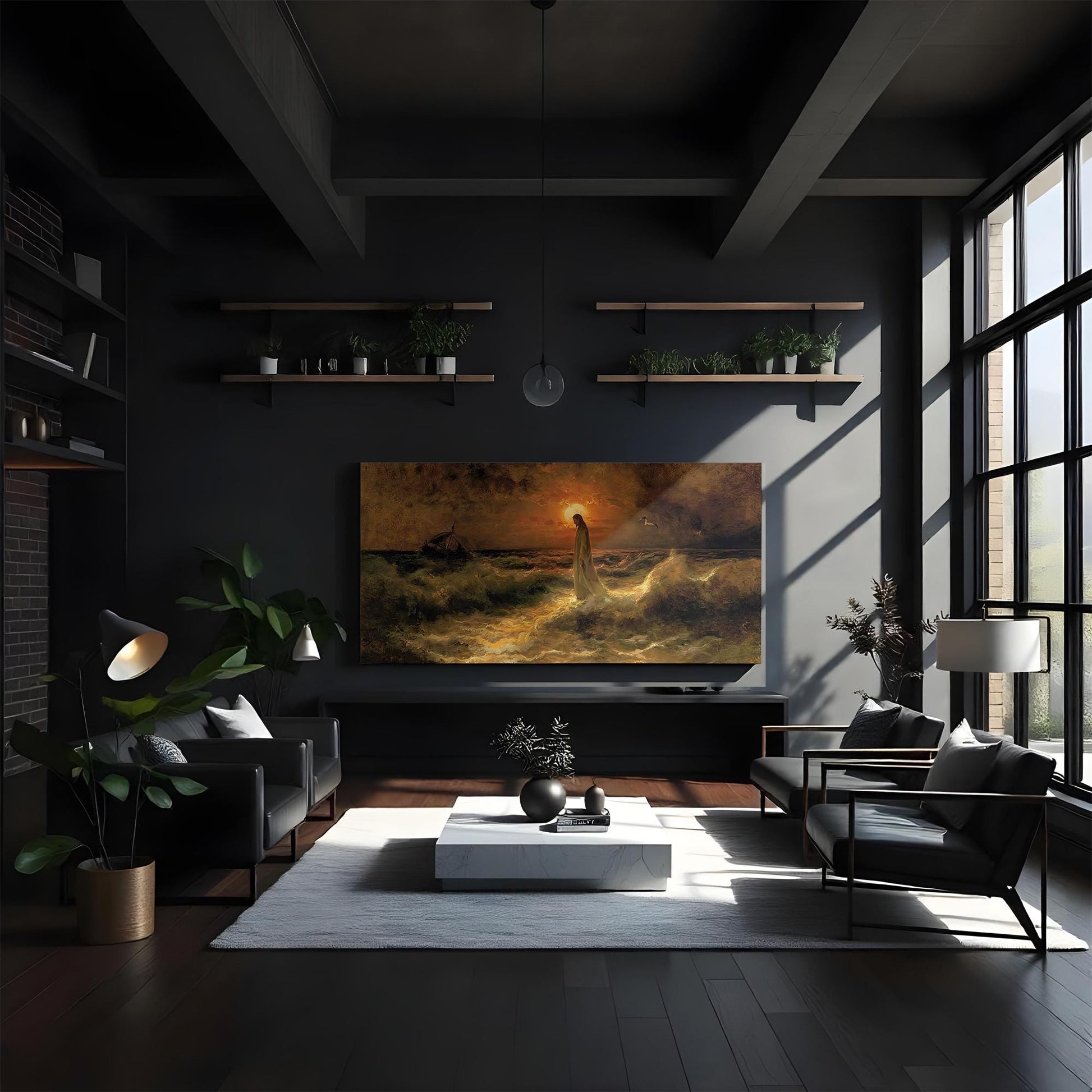 Large-scale Jesus walking on water artwork in a modern industrial living room with vaulted ceilings and moody lighting. The powerful 36x18 image, bathed in sunset hues, anchors the space with divine presence and emotional depth. A statement piece for luxury interiors that honors faith through dramatic art and architectural elegance.