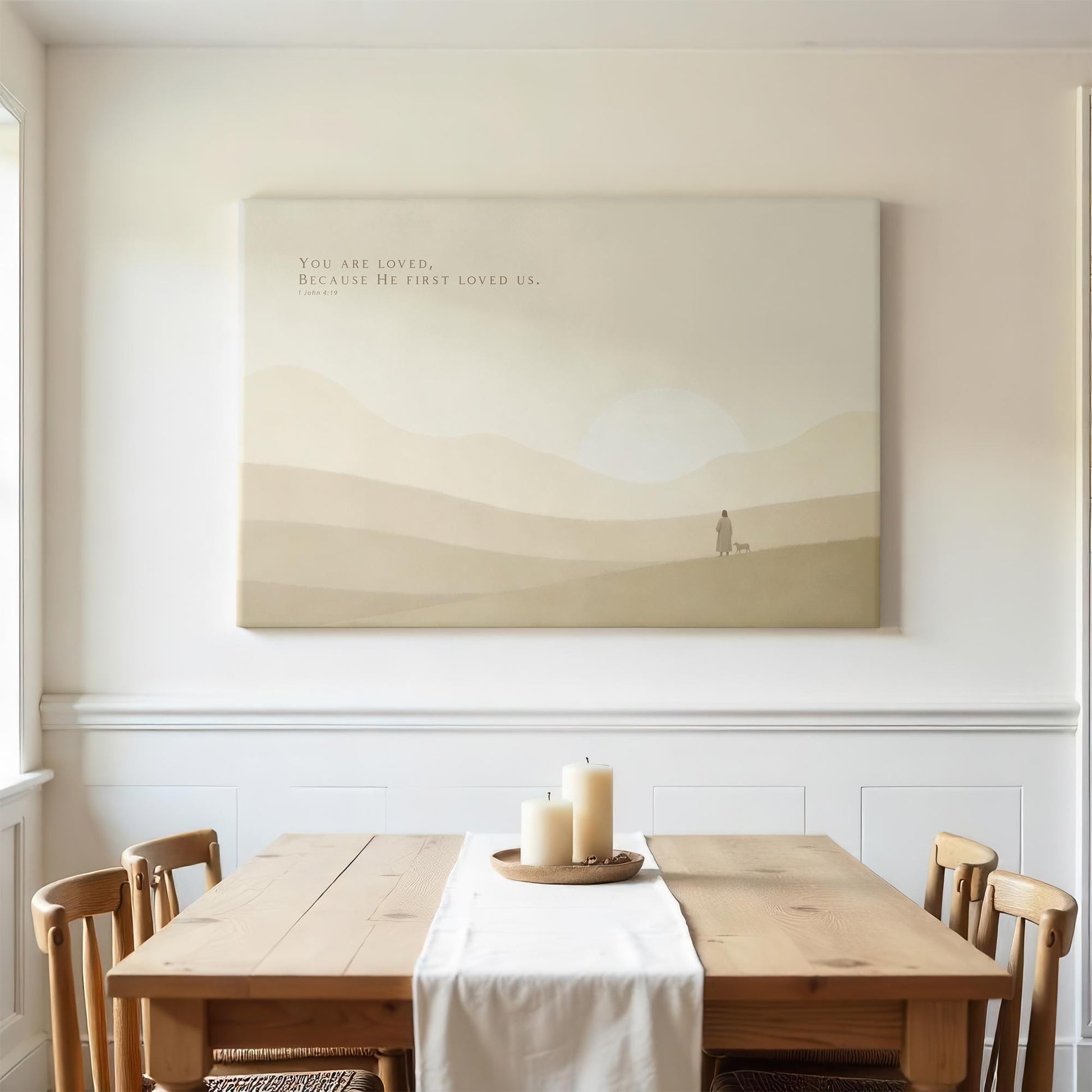 Christian Nursery Wall Art | Jesus with lamb Art | Bible Verse Nursery Art | 1 John 4:19 Wall Art | Minimalist Christian Art Print
