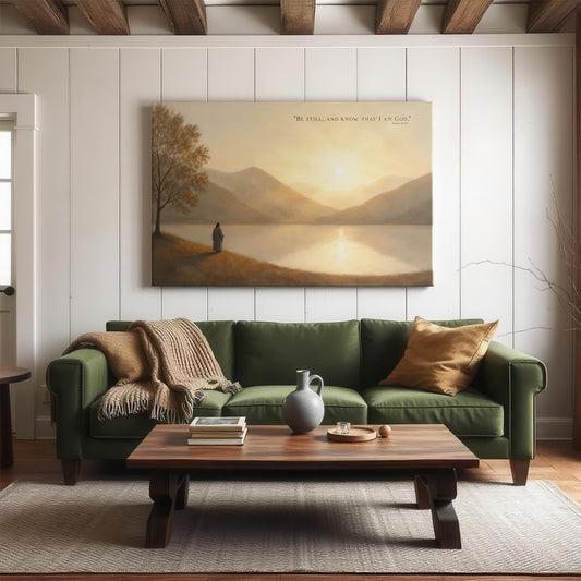 Large scripture canvas print displayed above a cozy green couch in a modern farmhouse living room; features Jesus by a tranquil lake at sunset with Psalm 46:10 text reading &quot;Be still, and know that I am God&quot; — a perfect statement piece for Christian home decor.