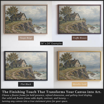 Framed canvas options featuring Matthew 7:25 wall art shown in various frame finishes. A serene Christian art scene with a house on the rock by the sea, symbolizing firm faith. Ideal for Bible verse art and scripture wall decor for living rooms or church spaces.