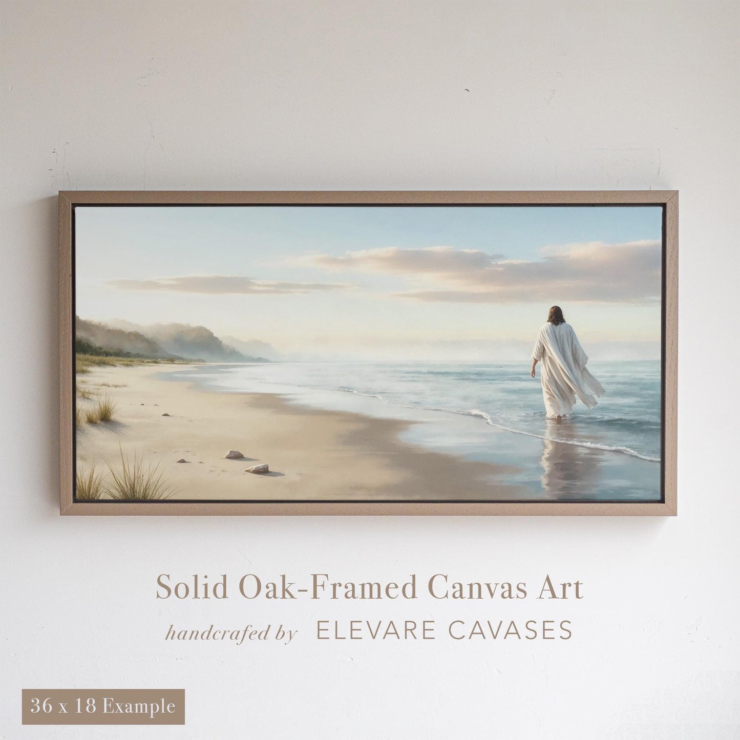 Neutral beach scene Christian wall art featuring Jesus walking along the shoreline, framed in a solid oak floater frame. Ideal for rustic Christian decor, landscape wall art, and faith-inspired home settings. This Jesus wall art blends modern elegance with classic scripture themes, making it perfect as a gift for Christians or peaceful focal point in any room.