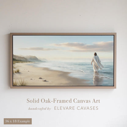 Neutral beach scene Christian wall art featuring Jesus walking along the shoreline, framed in a solid oak floater frame. Ideal for rustic Christian decor, landscape wall art, and faith-inspired home settings. This Jesus wall art blends modern elegance with classic scripture themes, making it perfect as a gift for Christians or peaceful focal point in any room.