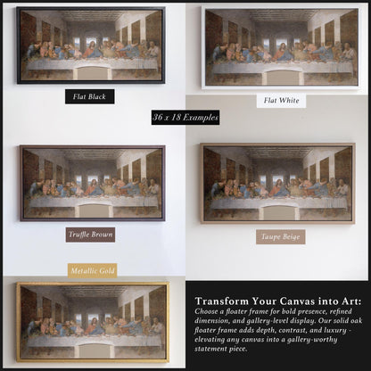 Four examples of the Last Supper canvas art shown in different frame colors. Flat Black, Truffle Brown, Taupe Beige, and Metallic Gold frames highlight the visual impact of each color option. These solid oak floater frames elevate scripture wall art to gallery level, perfect for collectors of biblical art.