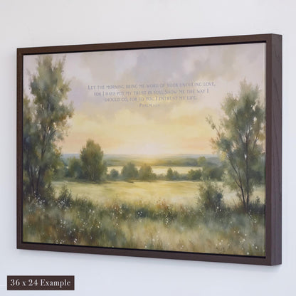 Scripture Wall Art | Psalm 143 Bible Verse Wall Decor | Vintage Painting Scripture Print | Peaceful landscape Sunset Sunrise Canvas