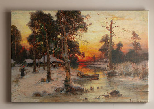 Winter Landscape Canvas Art | Returning Home at Sunset by Julius von Klever | Peaceful Nature Painting | Famous Painting Print
