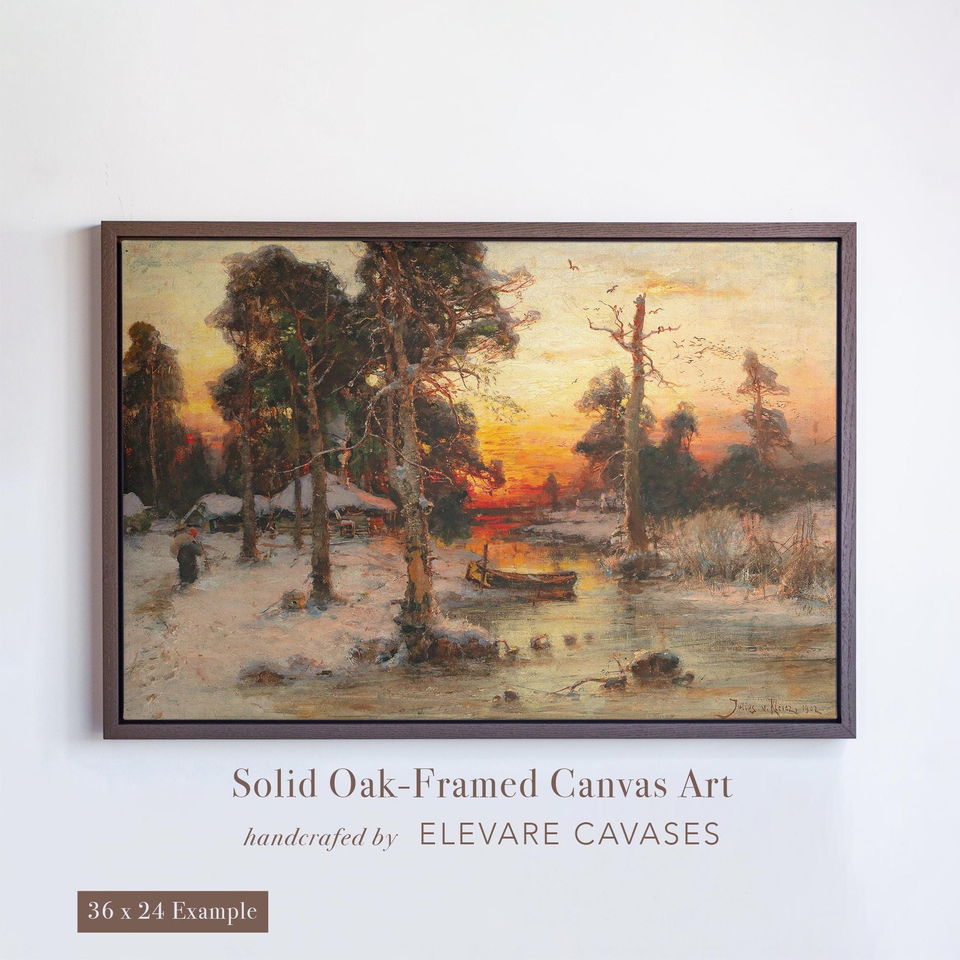 A 36x24 inch solid oak-framed canvas reproduction of Julius von Klever&#39;s Returning Home at Sunset. The scene captures a serene winter landscape at dusk, with a lone figure walking among tall, snow-covered trees toward warmly lit cabins. A rowboat rests by the frozen shoreline as the sun sets in a fiery orange sky. Handcrafted by Elevare Canvases, this classical artwork blends warmth, nature, and nostalgia into a timeless wall piece.