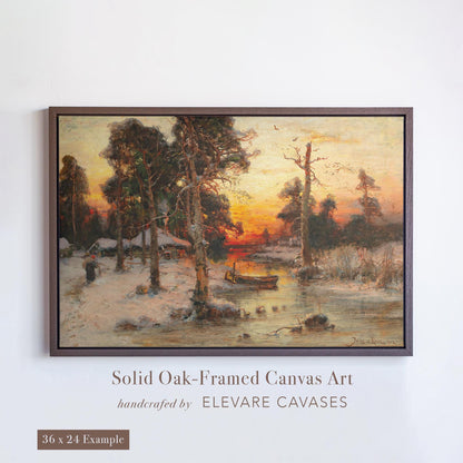 A 36x24 inch solid oak-framed canvas reproduction of Julius von Klever&#39;s Returning Home at Sunset. The scene captures a serene winter landscape at dusk, with a lone figure walking among tall, snow-covered trees toward warmly lit cabins. A rowboat rests by the frozen shoreline as the sun sets in a fiery orange sky. Handcrafted by Elevare Canvases, this classical artwork blends warmth, nature, and nostalgia into a timeless wall piece.