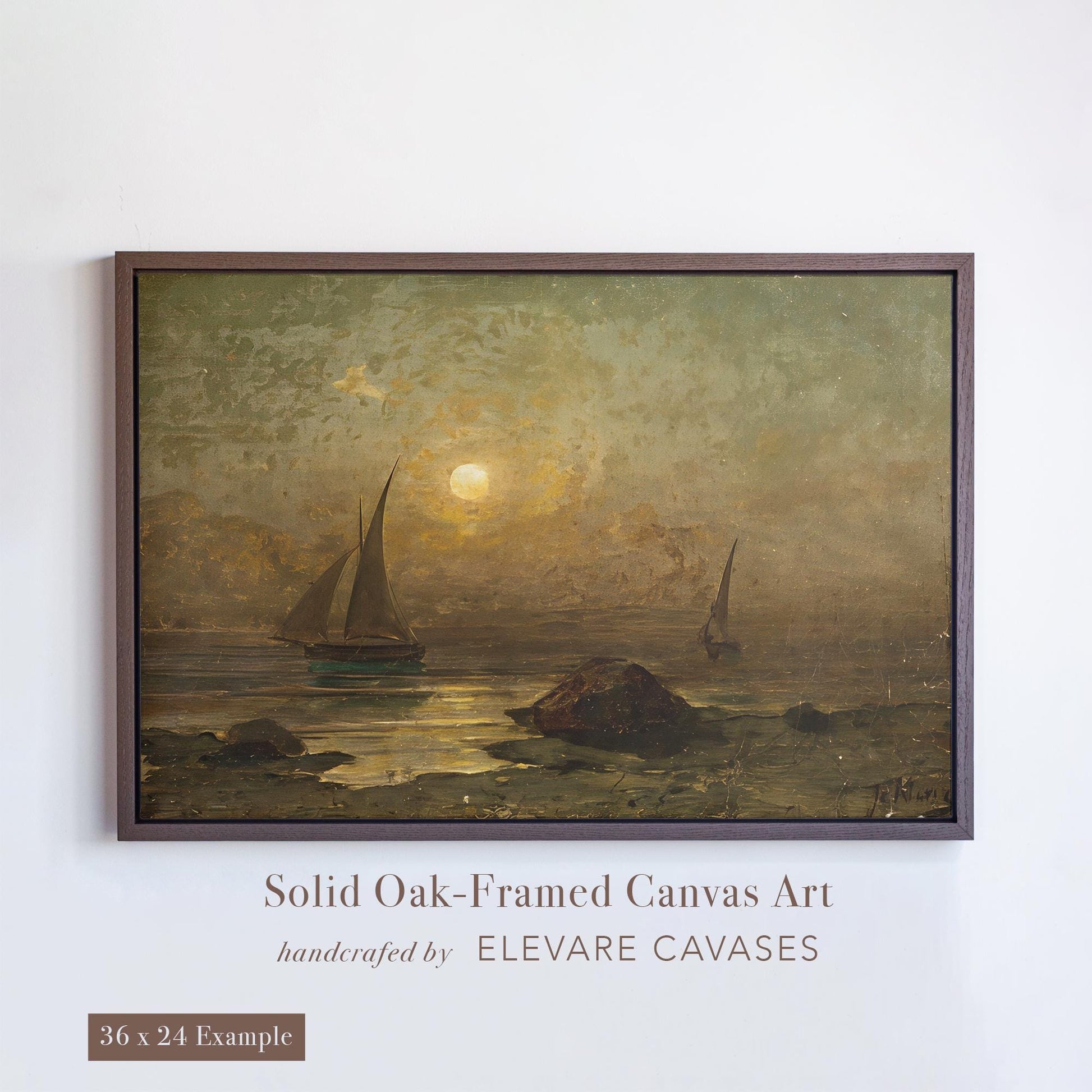 A handcrafted 36x24 inch oak-framed canvas reproduction of Meremotiiv, painted by Julius Sergius von Klever. This moody seascape captures sailboats drifting under a hazy moon, with muted green and gold tones reflecting off calm waters. The textured brushwork evokes stillness and contemplation. A fine art print that merges classical style with coastal themes — ideal for rustic, nautical, or nature-inspired spaces.