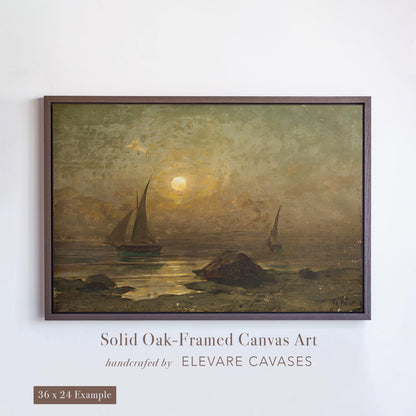 A handcrafted 36x24 inch oak-framed canvas reproduction of Meremotiiv, painted by Julius Sergius von Klever. This moody seascape captures sailboats drifting under a hazy moon, with muted green and gold tones reflecting off calm waters. The textured brushwork evokes stillness and contemplation. A fine art print that merges classical style with coastal themes — ideal for rustic, nautical, or nature-inspired spaces.