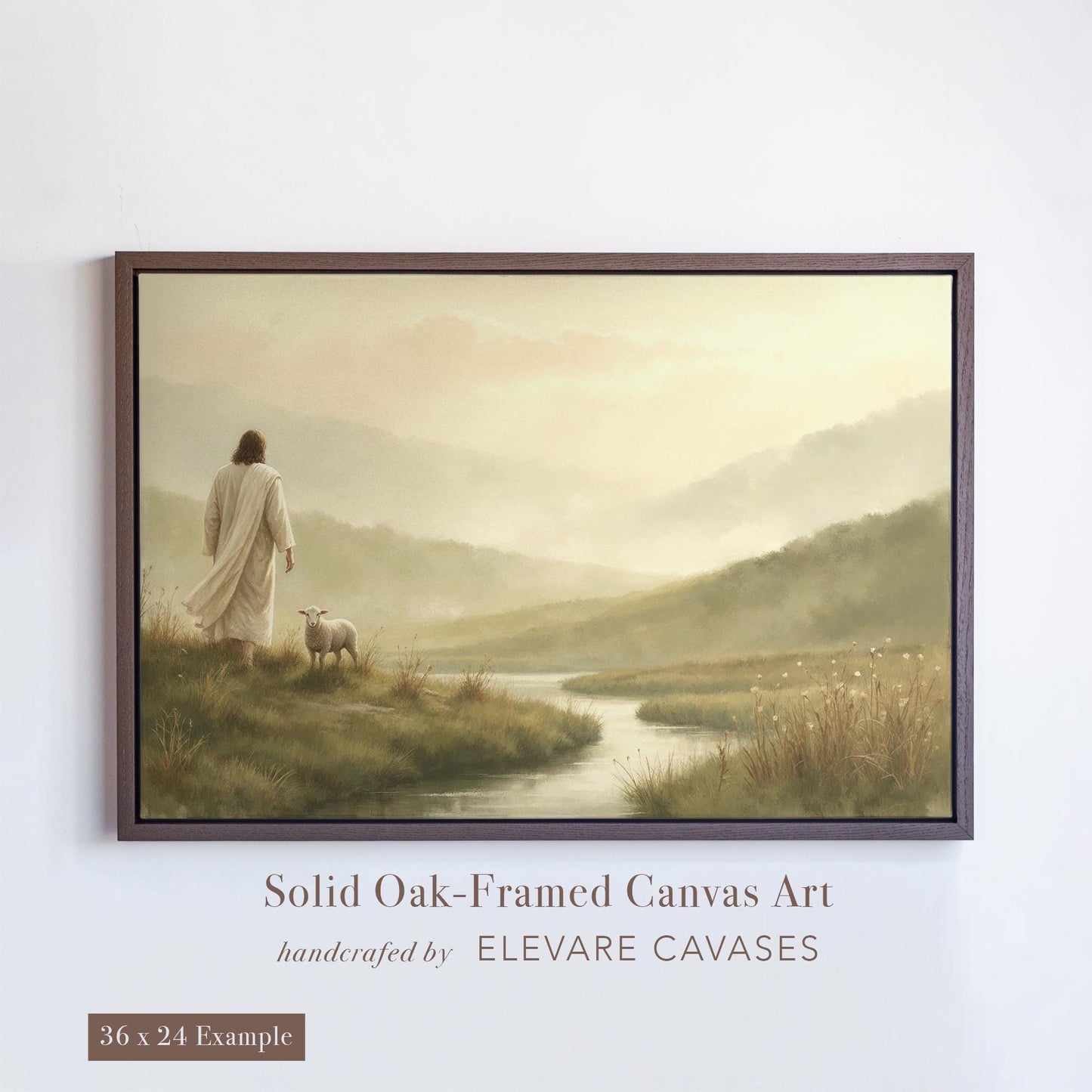 Framed Christian wall art of Jesus walking with a lost sheep in a peaceful valley, displayed in a solid oak floater frame. Serene pastoral landscape with soft sunrise tones and misty hills, ideal for Christian home decor, religious wall art, and faith-inspired gifts. Perfect for spiritual encouragement or as a scripture-themed canvas print for living rooms, offices, or prayer spaces.