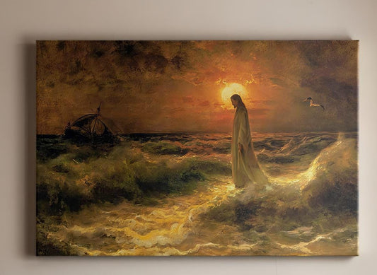Faith-based canvas artwork of Jesus walking across the sea at sunset, glowing with radiant light against a stormy sky. Shown in a minimalist home office with dark gray walls and clean white furniture, this unframed 36x24 canvas creates a powerful spiritual atmosphere—ideal for Christian professionals seeking daily inspiration through sacred art.