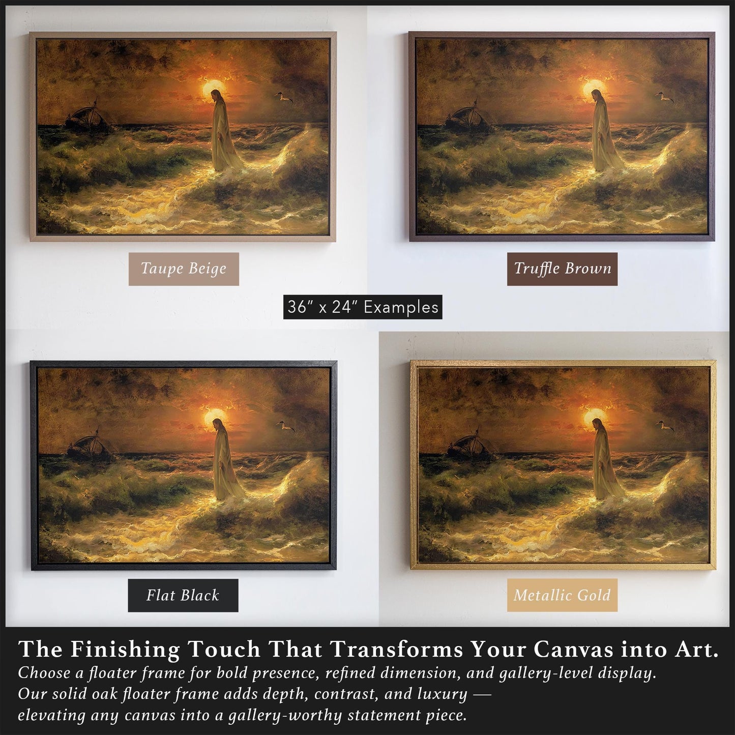 Jesus Walking on Water Canvas | Framed Christian Wall Art | Bible Verse Decor for Prayer Room or Office