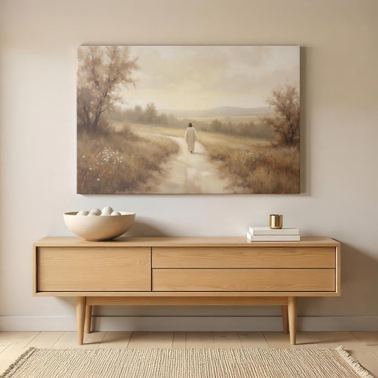 Christian Wall Art | Jesus Walking Landscape Canvas | The Way, Truth, and Life Wall Decor | Faith-Inspired Print | Jesus Nature Canvas Art
