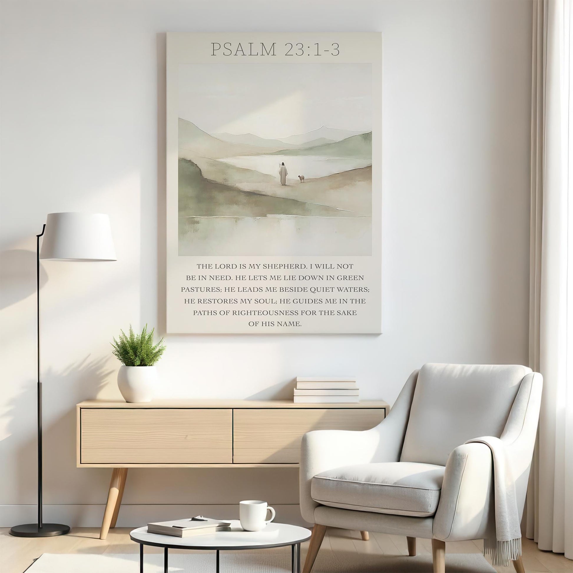 Psalm 23 Scripture Print | Jesus with Lamb Wall Art | Christian Nursery Decor | Faith Canvas for Office or Prayer Room