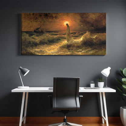 Faith-based canvas artwork of Jesus walking across the sea at sunset, glowing with radiant light against a stormy sky. Shown in a minimalist home office with dark gray walls and clean white furniture, this unframed 36x18 canvas creates a powerful spiritual atmosphere—ideal for Christian professionals seeking daily inspiration through sacred art.