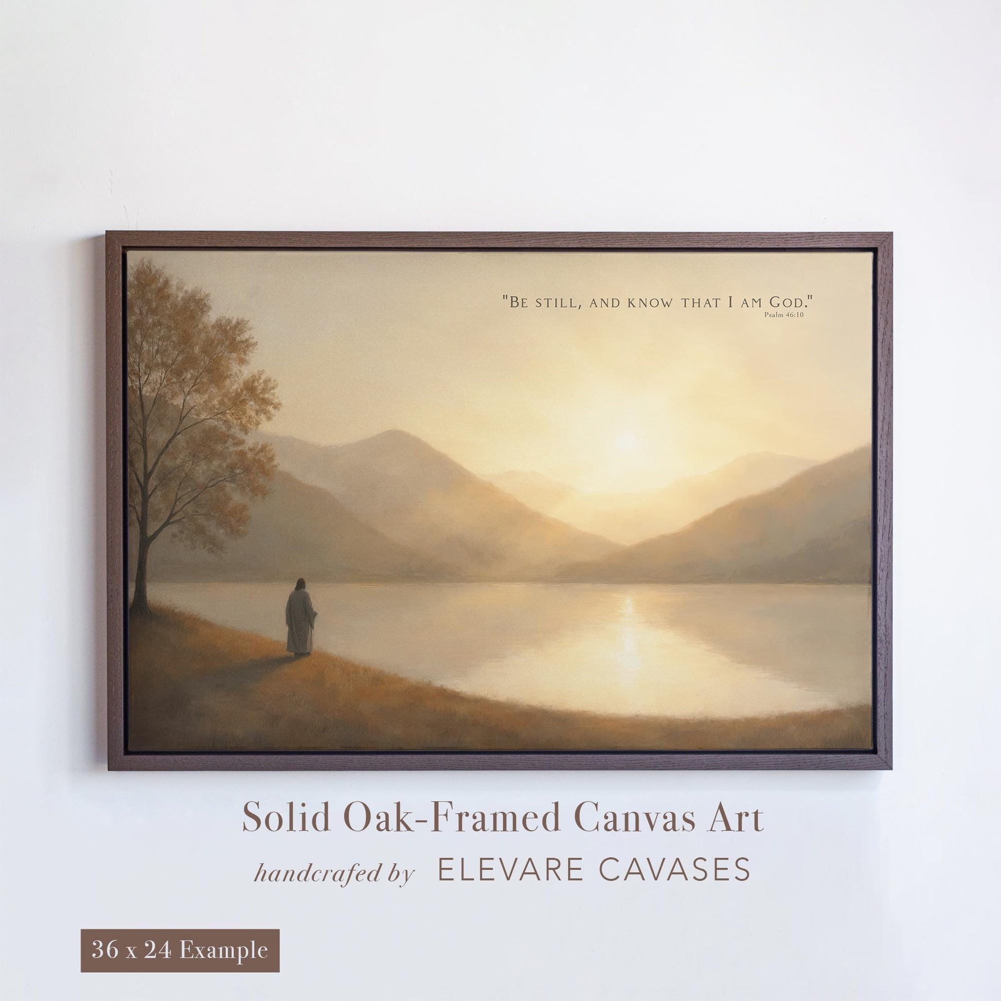 Elegant framed Christian canvas wall art featuring a serene sunset landscape with Jesus standing by a peaceful lake; solid oak floating frame adds a timeless touch, with the Bible verse &quot;Be still, and know that I am God&quot; from Psalm 46:10 in the top right.