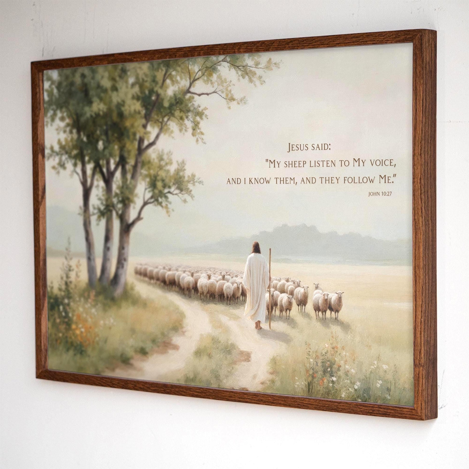 Good Shepherd Framed Art | Scripture Wall Art | John 10:27 Art | Jesus and His Sheep Canvas | Faith-Based Home Decor | Lost Sheep