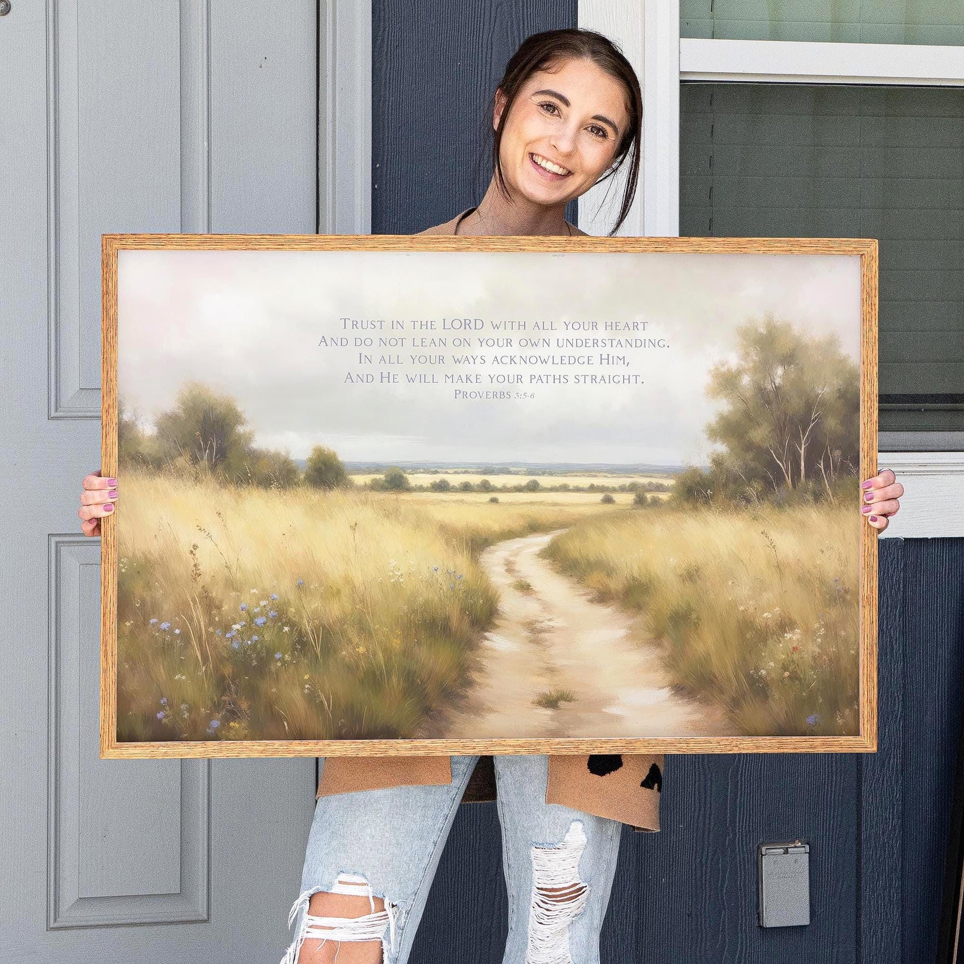 Proverbs 3:5-6 Framed Scripture Wall Art | Rustic Christian Wall Decor | Bible Verse Canvas | Trust God Art