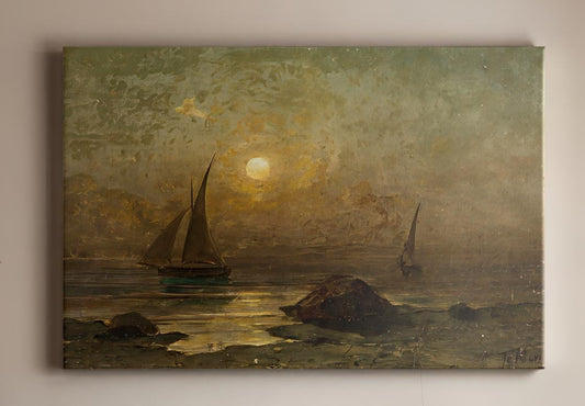 Nautical Canvas Wall Art | Meremotiiv by Julius von Klever | Moonlight Ocean Painting | Coastal Sailboat Print for Cabin or Beach House