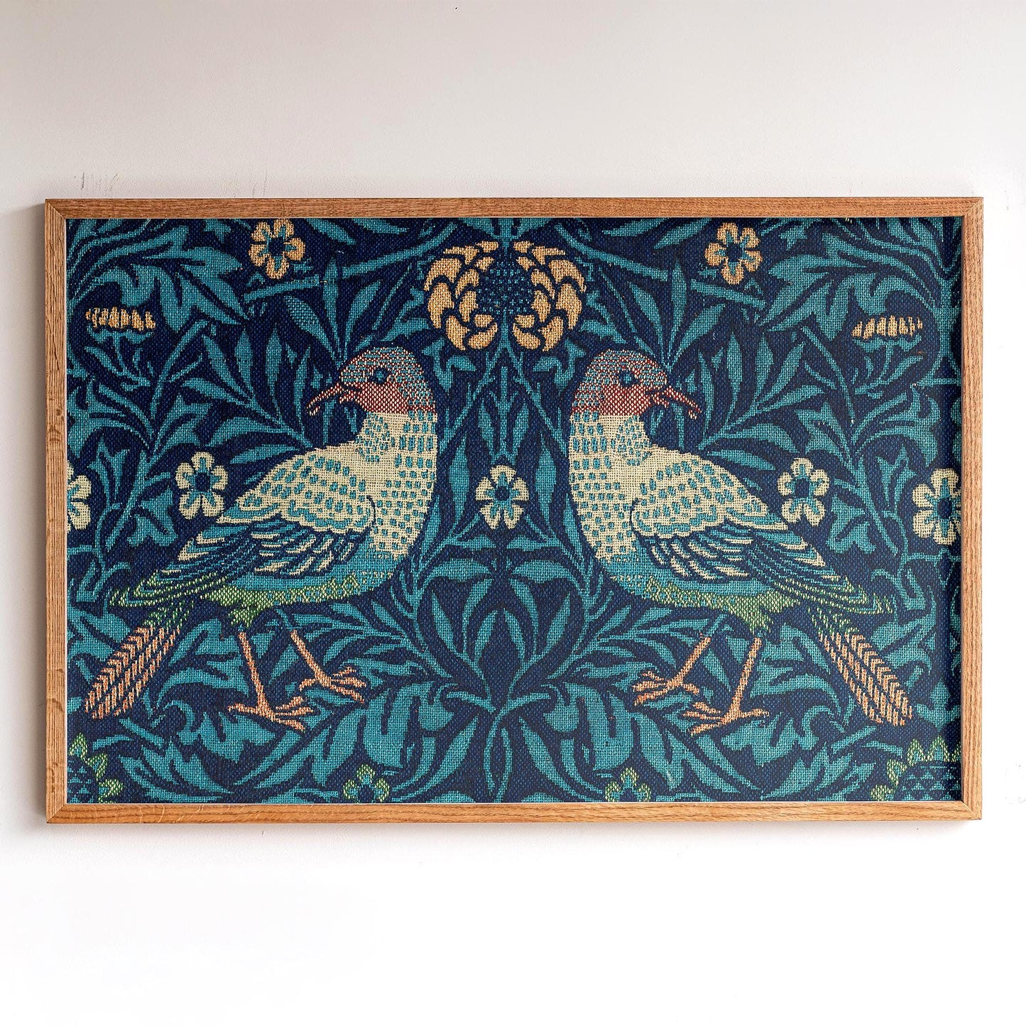 Framed Morris Textile Art | Victorian Textile Style Canvas | Vintage Bird Art in Blue Tones | WM3