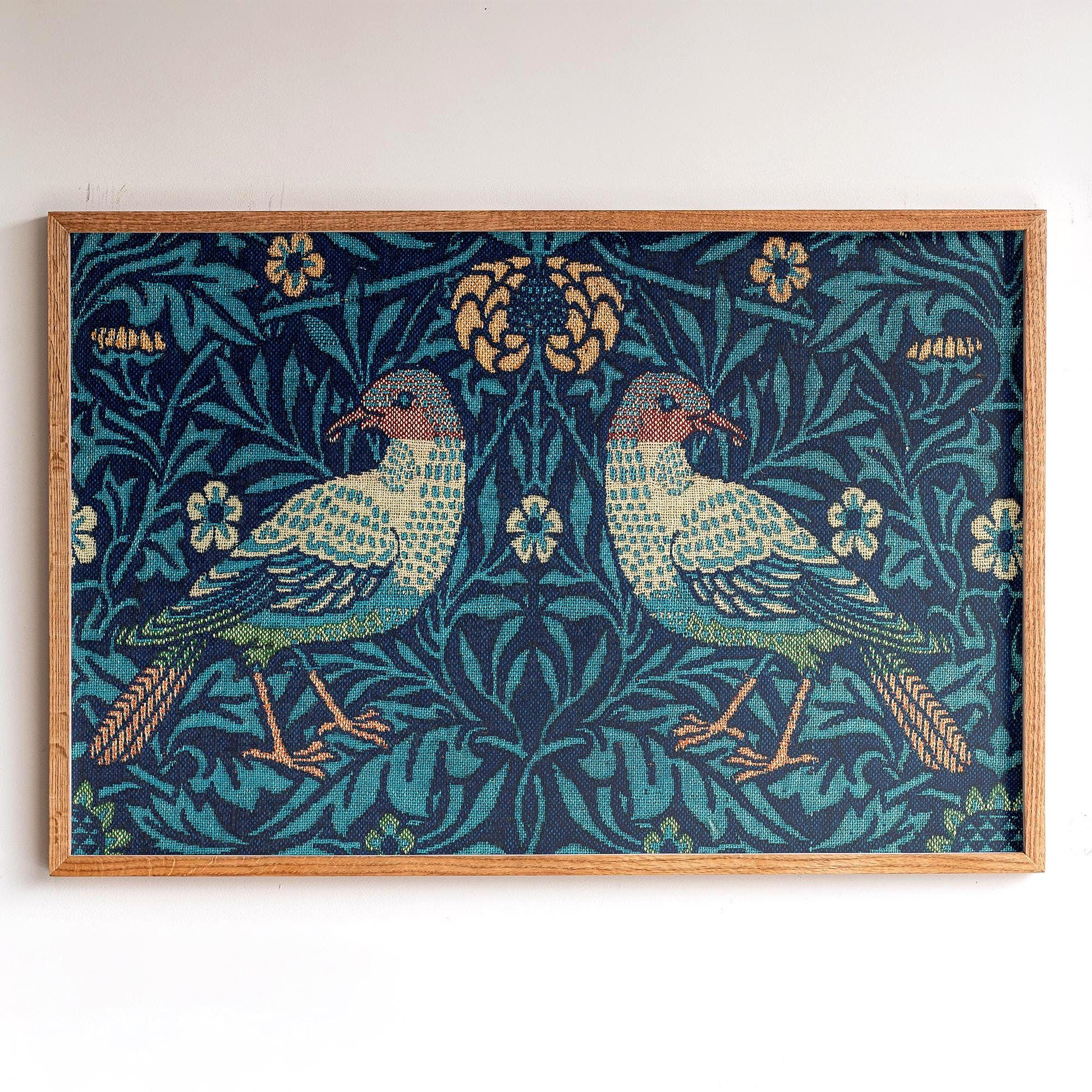 Framed Morris Textile Art | Victorian Textile Style Canvas | Vintage Bird Art in Blue Tones | WM3