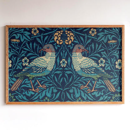 Framed Morris Textile Art | Victorian Textile Style Canvas | Vintage Bird Art in Blue Tones | WM3