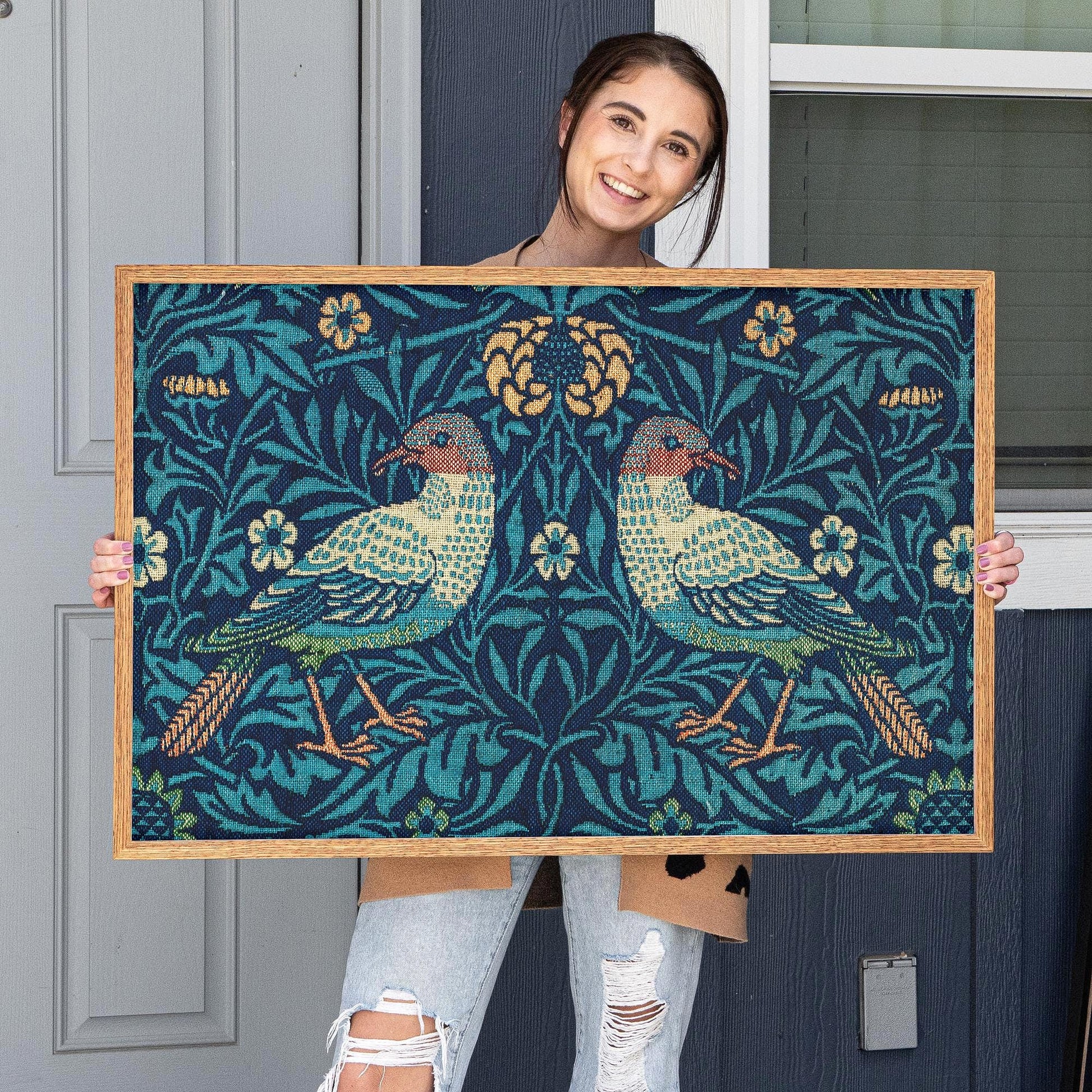 Framed Morris Textile Art | Victorian Textile Style Canvas | Vintage Bird Art in Blue Tones | WM3