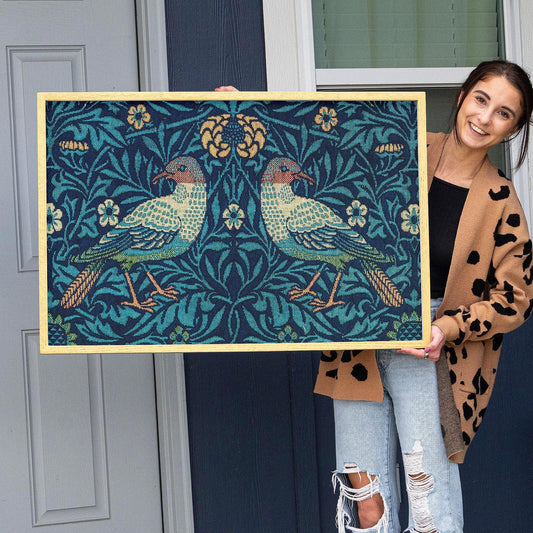Framed Morris Textile Art | Victorian Textile Style Canvas | Vintage Bird Art in Blue Tones | WM3