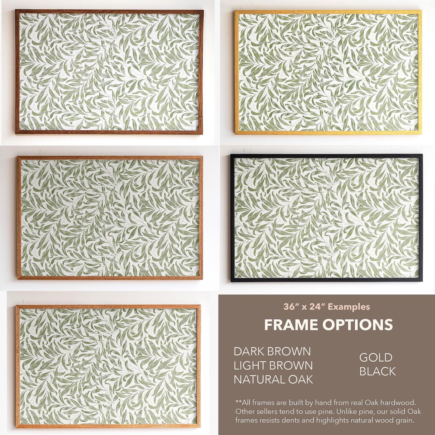 Framed Leaf Pattern Art | Morris pattern Canvas | Sage Green wall decor | Oak Framed Botanical Wall Print| WM4
