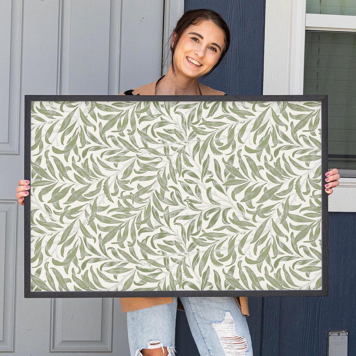 Framed Leaf Pattern Art | Morris pattern Canvas | Sage Green wall decor | Oak Framed Botanical Wall Print| WM4