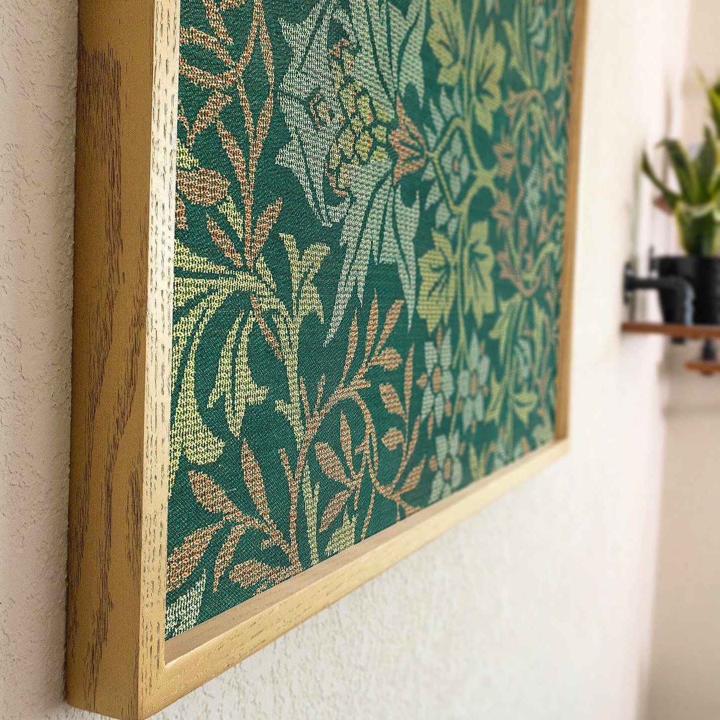 Morris Pattern Framed Art | Woven Style Wall Decor in Green | Oak Framed Botanical Tapestry Print for Living Room | WM5