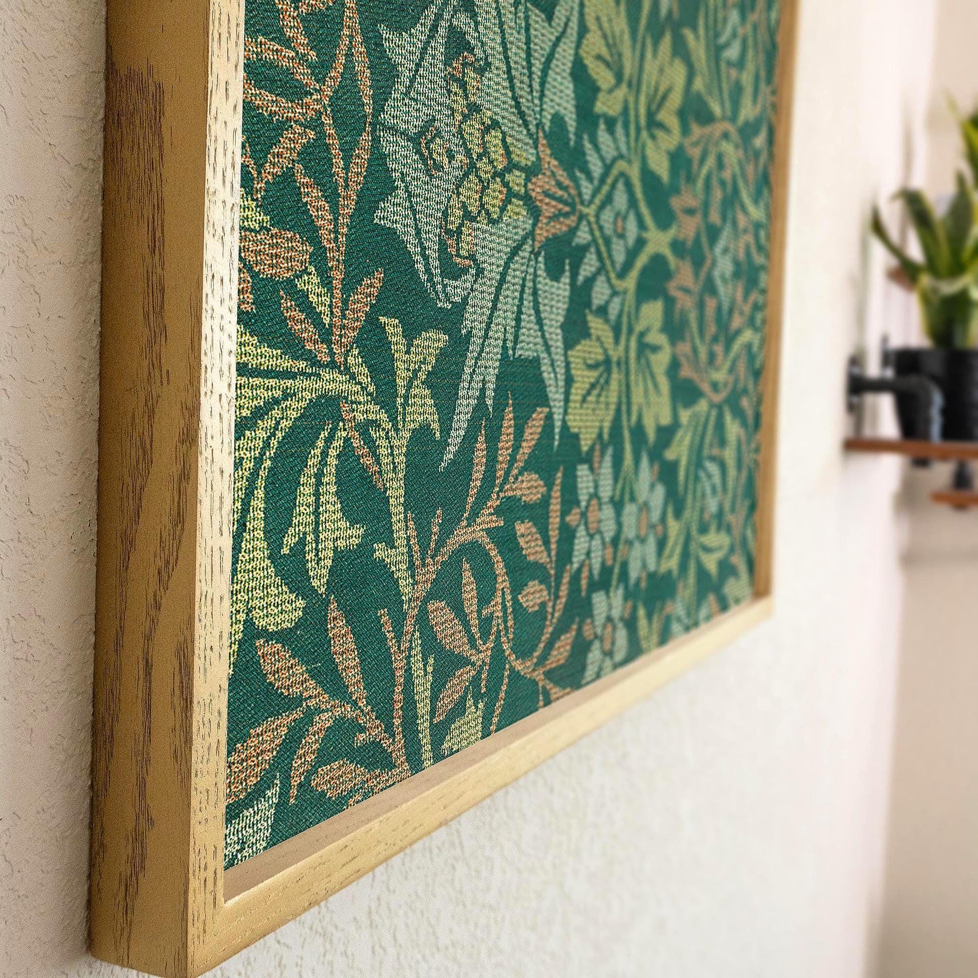 Morris Pattern Framed Art | Woven Style Wall Decor in Green | Oak Framed Botanical Tapestry Print for Living Room | WM5