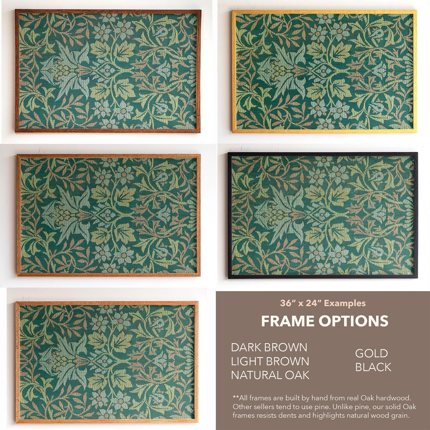 Morris Pattern Framed Art | Woven Style Wall Decor in Green | Oak Framed Botanical Tapestry Print for Living Room | WM5
