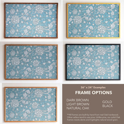 Morris Textile Framed Art | Floral Pattern Canvas | Blue Flower Print | Oak Framed Victorian Botanical Art for Bedroom or Living Room | WM6
