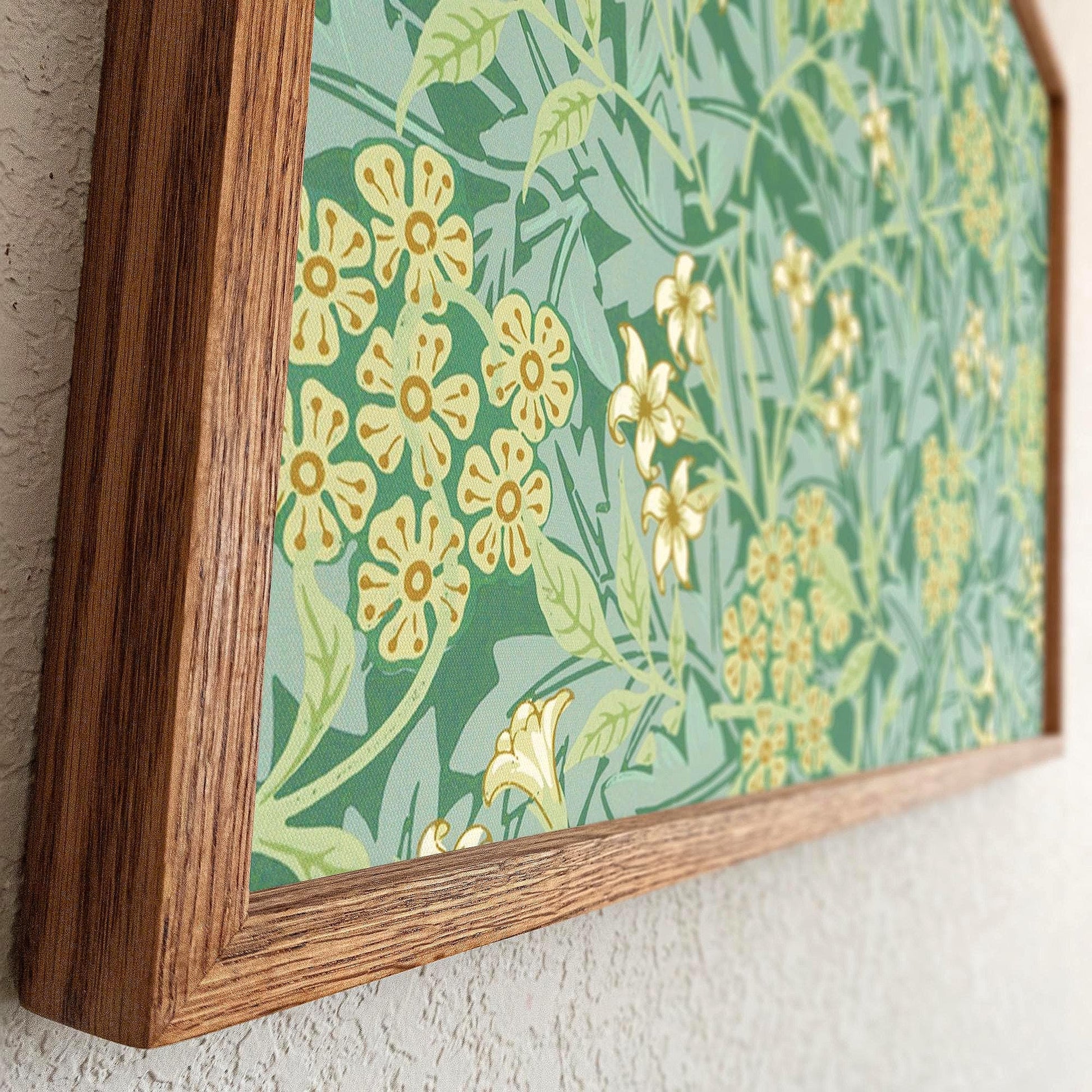 Botanical Pattern Framed Art | Green Floral Canvas | Oak Framed Wildflower Garden Wall Art for Bedroom or Living Room | WM8