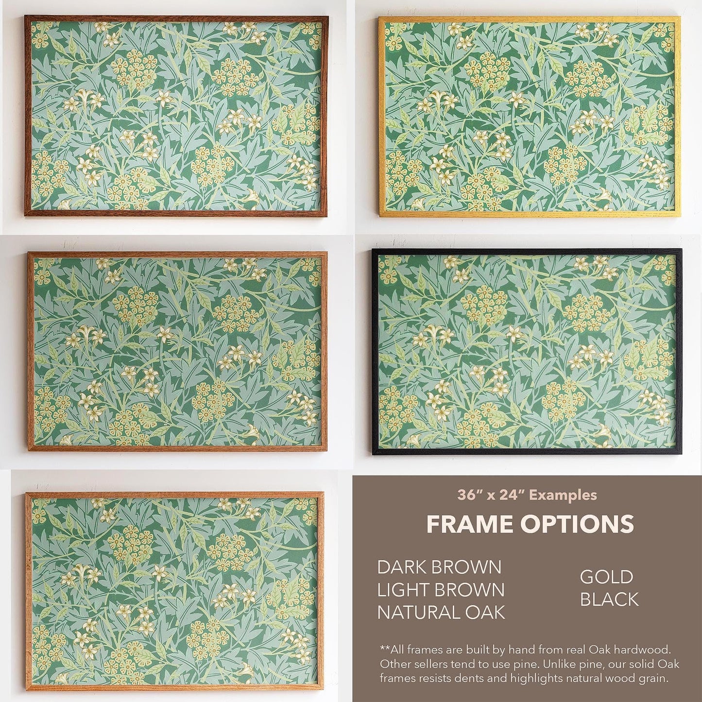 Botanical Pattern Framed Art | Green Floral Canvas | Oak Framed Wildflower Garden Wall Art for Bedroom or Living Room | WM8