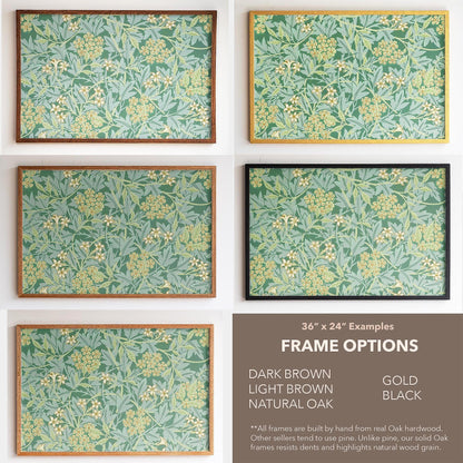 Botanical Pattern Framed Art | Green Floral Canvas | Oak Framed Wildflower Garden Wall Art for Bedroom or Living Room | WM8