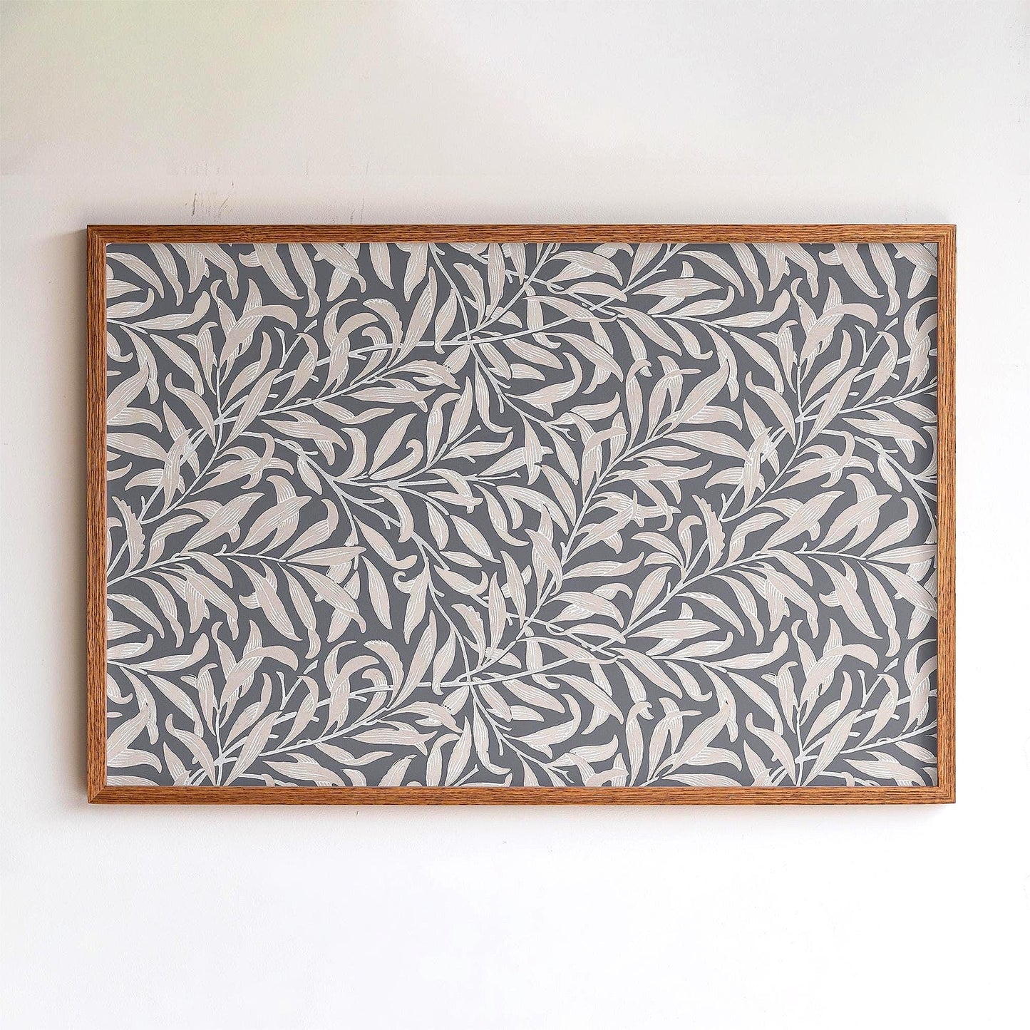 Neutral Grey Leafy Pattern Framed Art | Minimalist Floral Canvas | Oak Framed Botanical Wall Art for Bedroom or Living Room | WM9