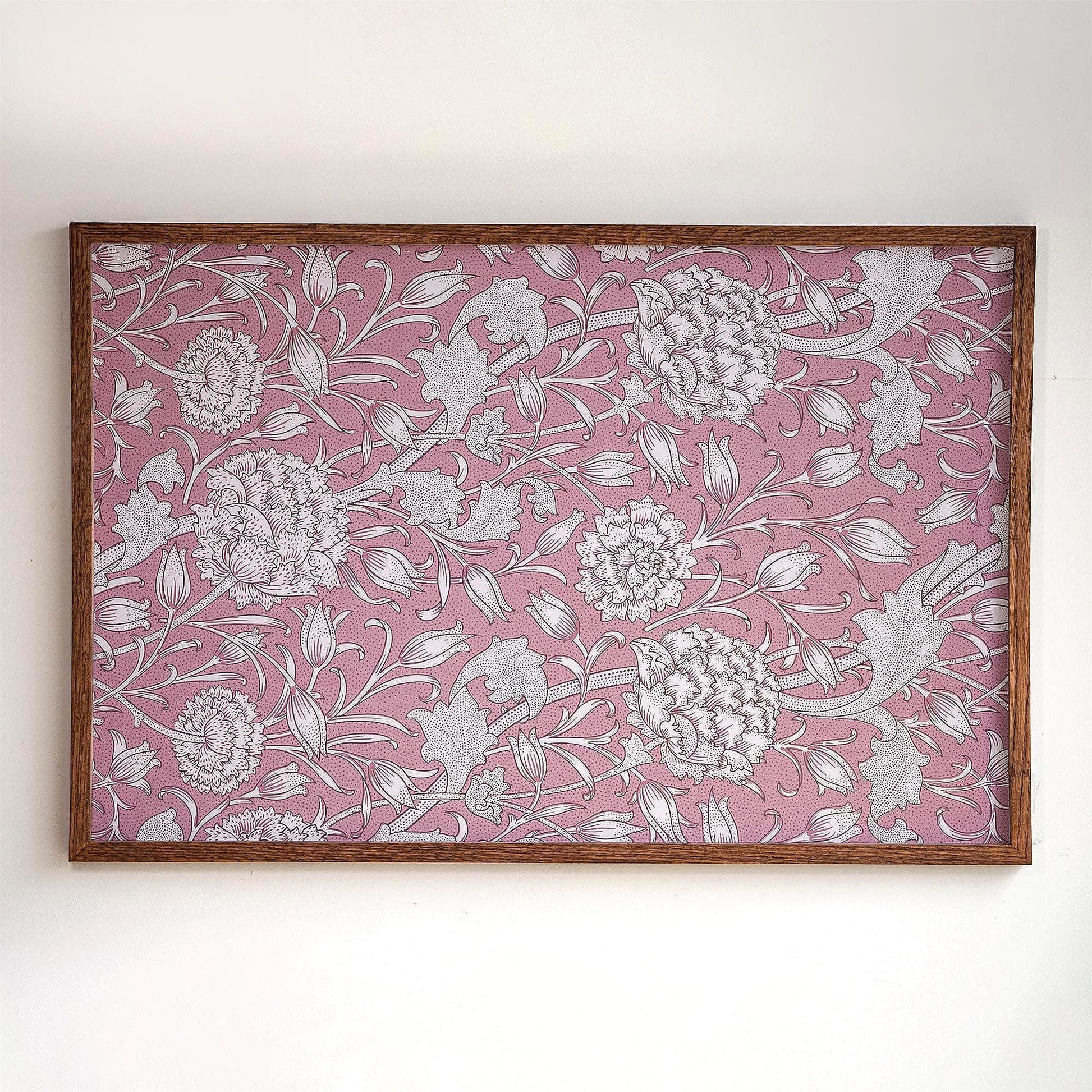 Pink Floral Pattern Framed Art | Vintage Botanical Canvas | Oak Framed Floral Accent Print for Bedroom or Living Room | WM11