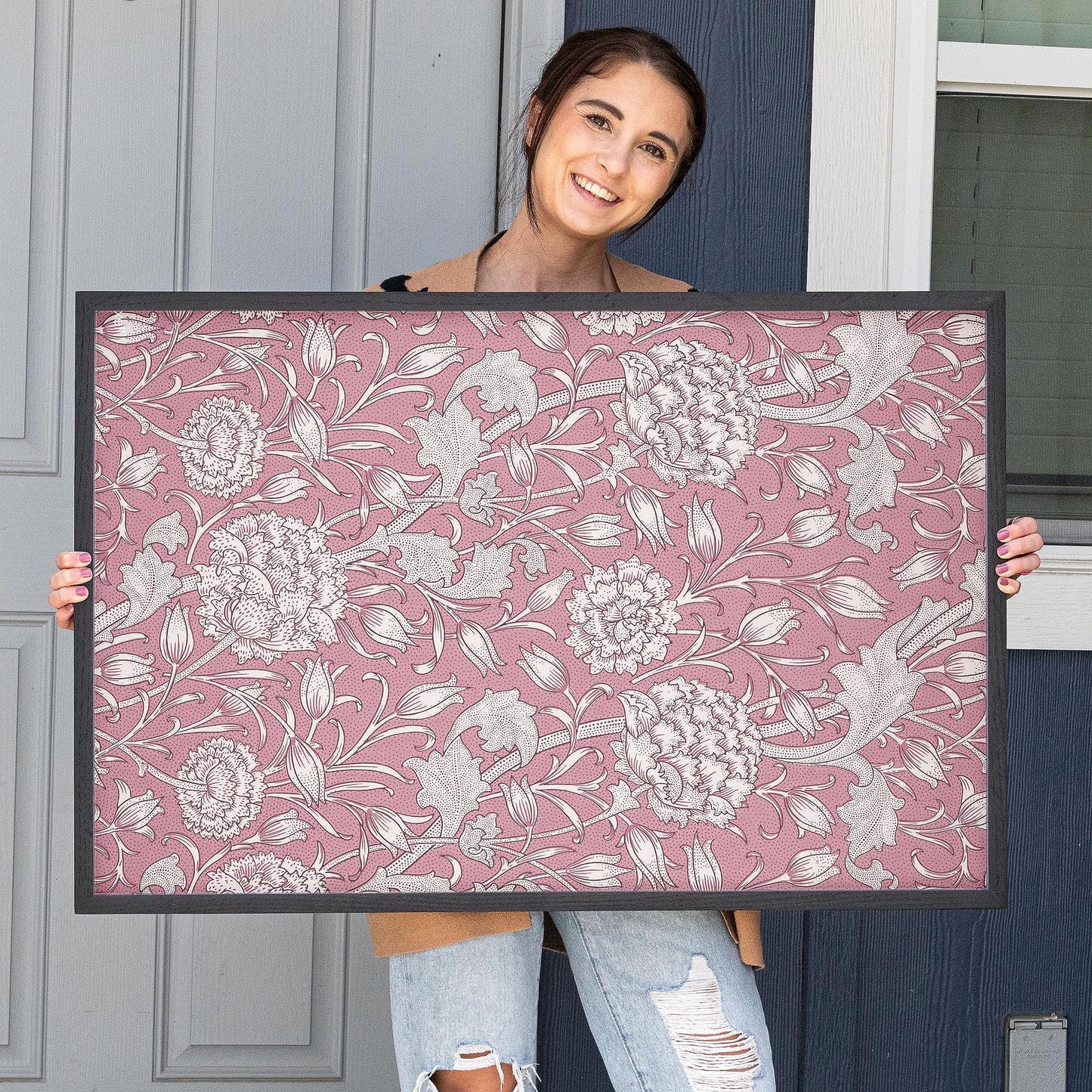 Pink Floral Pattern Framed Art | Vintage Botanical Canvas | Oak Framed Floral Accent Print for Bedroom or Living Room | WM11