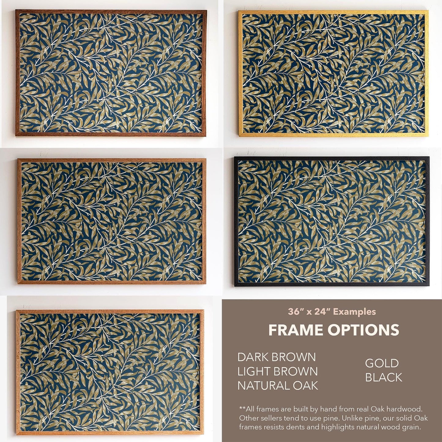 Gold Accent Framed Art | Botanical Canvas Wall Art | Oak Framed Abstract Leaf Pattern Print for Bedroom or Living Room | WM12