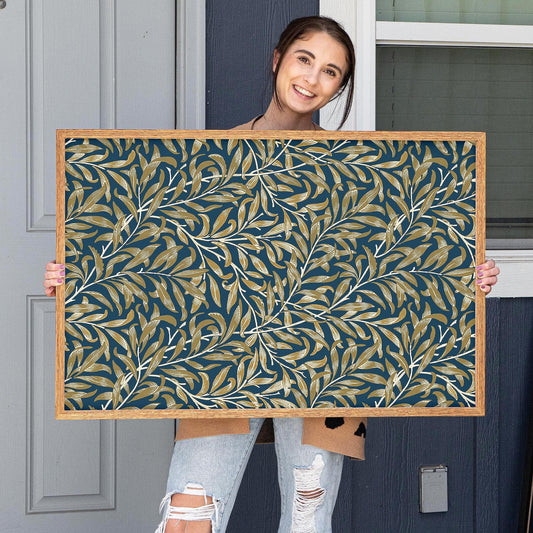 Gold Accent Framed Art | Botanical Canvas Wall Art | Oak Framed Abstract Leaf Pattern Print for Bedroom or Living Room | WM12